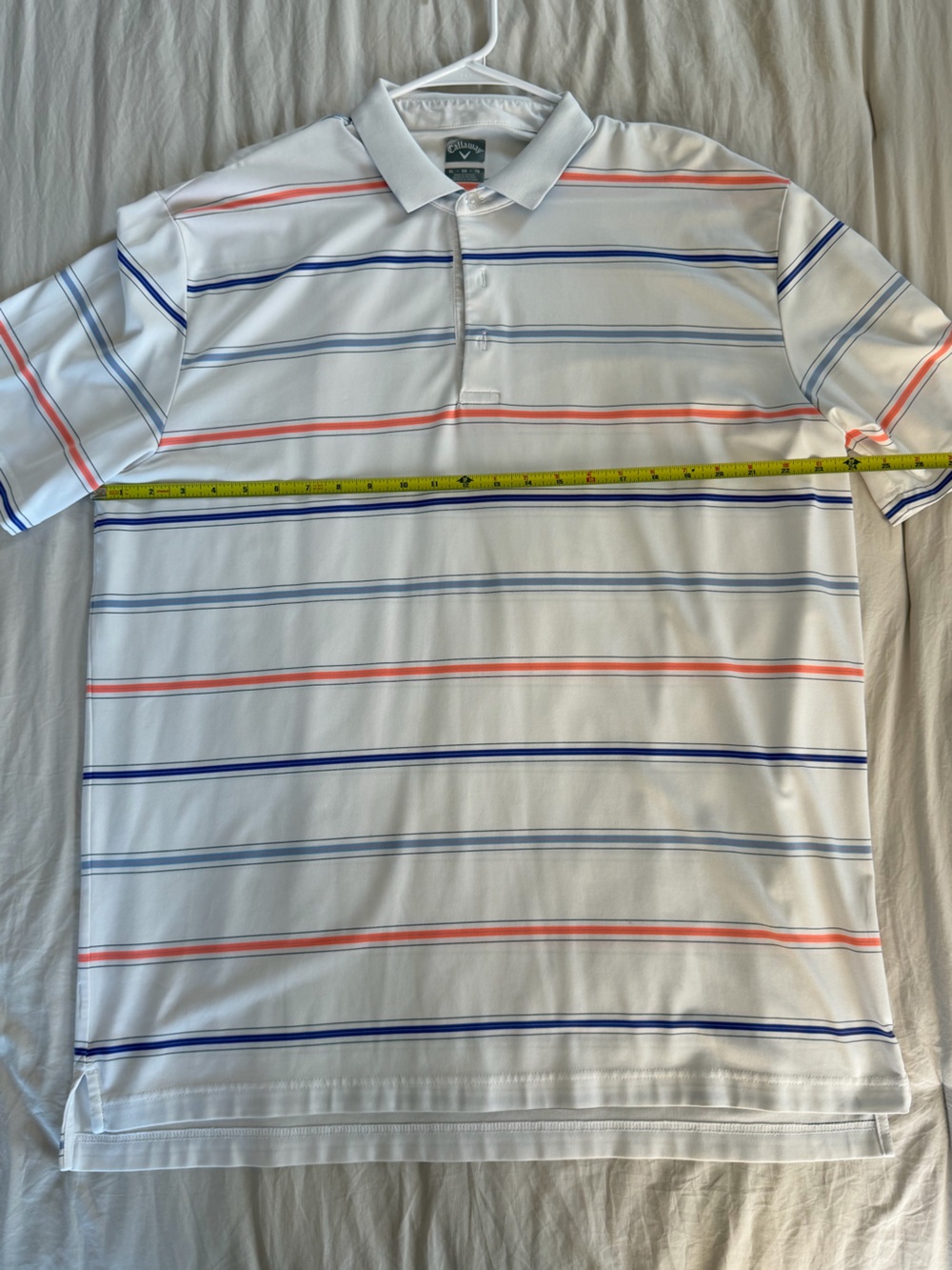 Callaway White Polo with Navy and Coral Stripe Accents